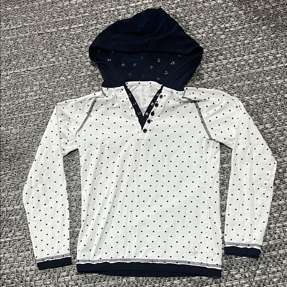 Tangerine | Navy and White Polka Dot Long Sleeve Tee With Hood